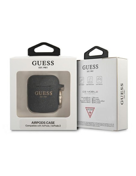 Guess Silicone Glitter dėklas, skirtas AirPods 1/ 2 – juodas Guess Silicone Glitter dėklas, skirtas AirPods 1/ 2 – juodas