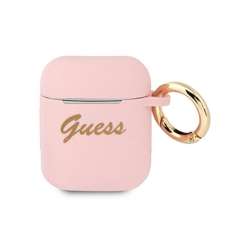 Guess Silicone Vintage Script dėklas, skirtas AirPods 1/ 2 – rožinis Guess Silicone Vintage Script dėklas, skirtas AirPods 1/ 2 – rožinis