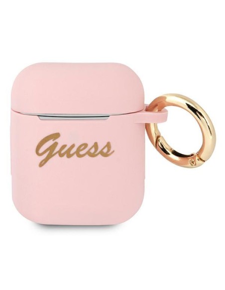Guess Silicone Vintage Script dėklas, skirtas AirPods 1/ 2 – rožinis Guess Silicone Vintage Script dėklas, skirtas AirPods 1/ 2 – rožinis