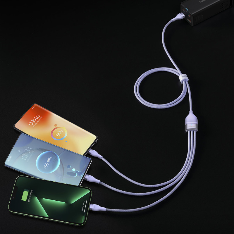 3in1 USB greito įkrovimo laidas USB-C mikro-USB iPhone Lightning 1,2m violetinė