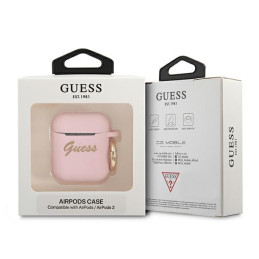 Guess Silicone Vintage Script dėklas, skirtas AirPods 1/ 2 – rožinis