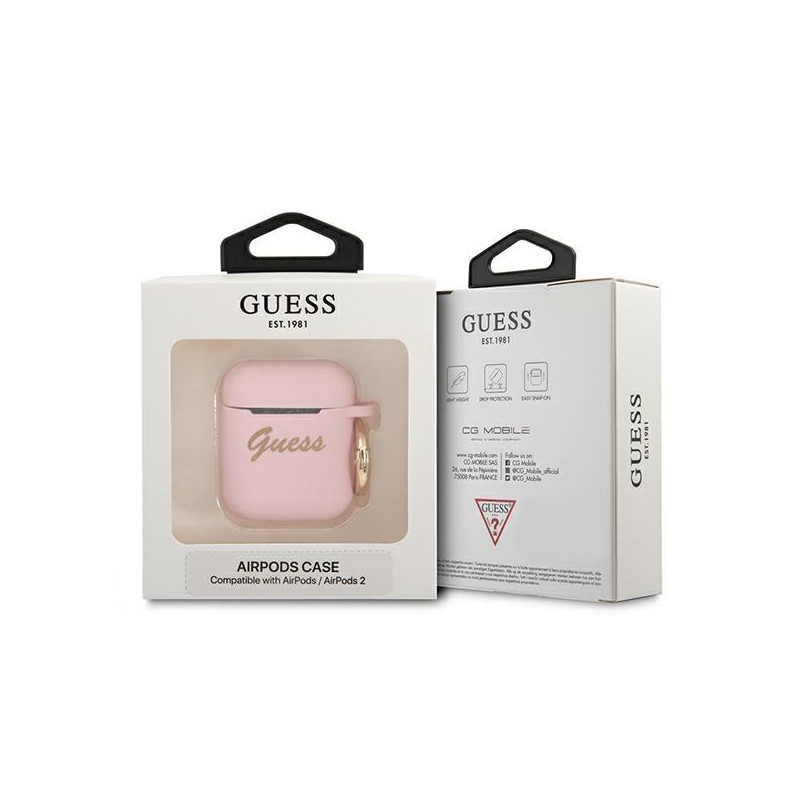 Guess Silicone Vintage Script dėklas, skirtas AirPods 1/ 2 – rožinis