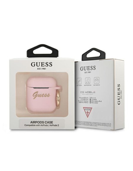 Guess Silicone Vintage Script dėklas, skirtas AirPods 1/ 2 – rožinis Guess Silicone Vintage Script dėklas, skirtas AirPods 1/ 2 – rožinis