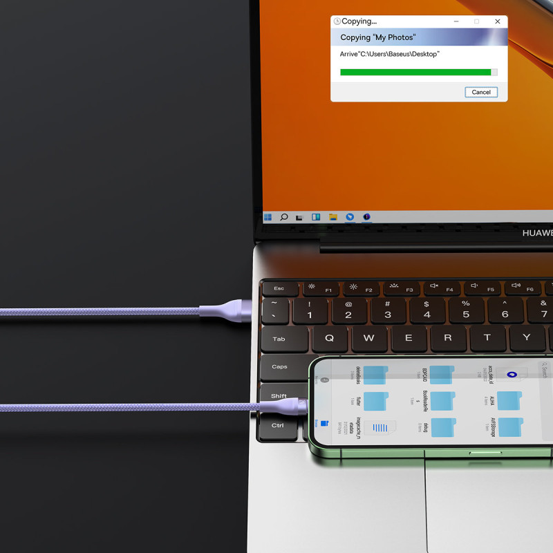 3in1 USB greito įkrovimo laidas USB-C mikro-USB iPhone Lightning 1,2m violetinė