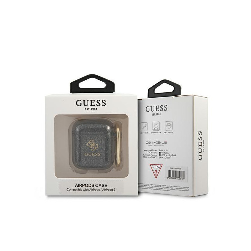 Guess Glitter Collection dėklas, skirtas AirPods 1/ 2 – juodas