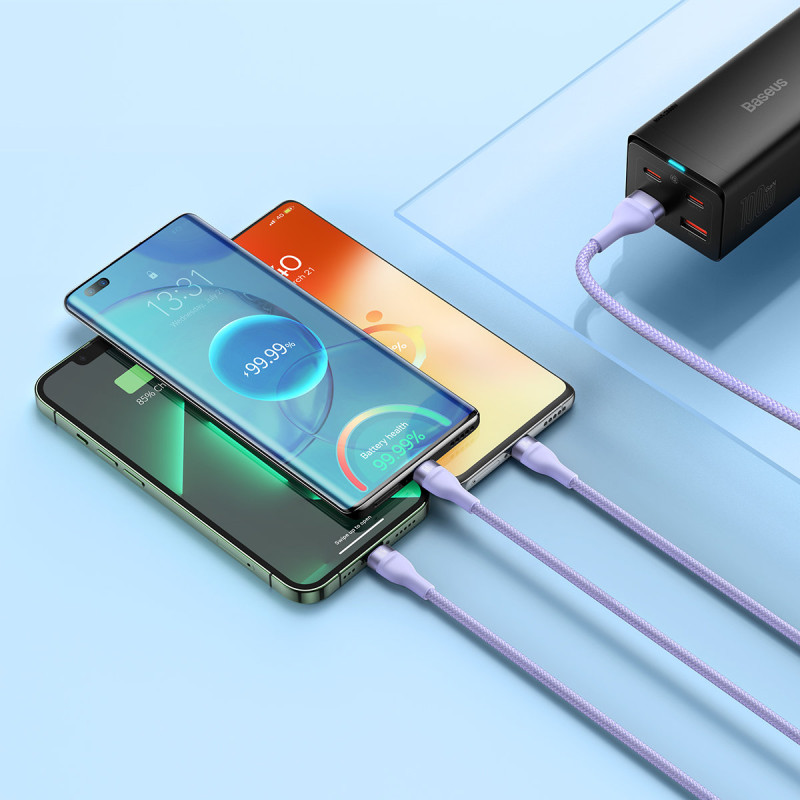 3in1 USB greito įkrovimo laidas USB-C mikro-USB iPhone Lightning 1,2m violetinė