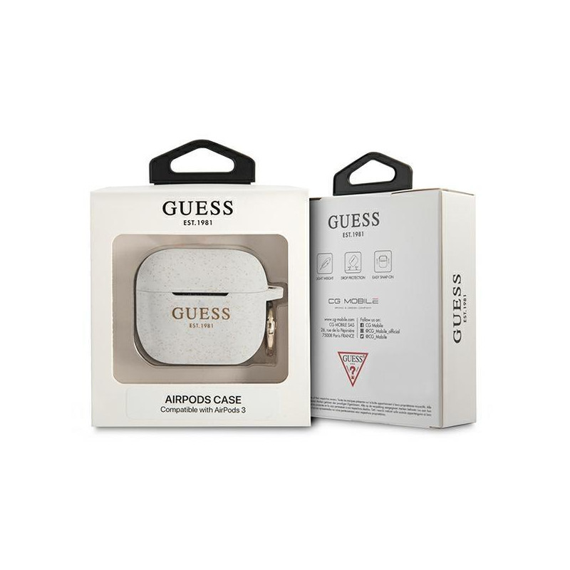 Guess Silicone Glitter dėklas, skirtas AirPods 3 – baltas