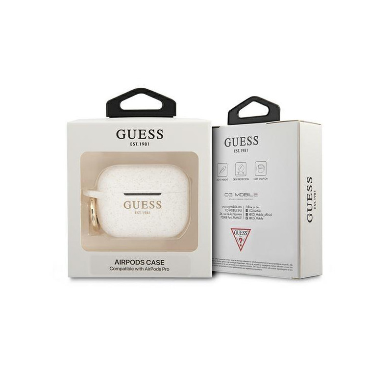 Guess Silicone Glitter dėklas, skirtas AirPods Pro – baltas