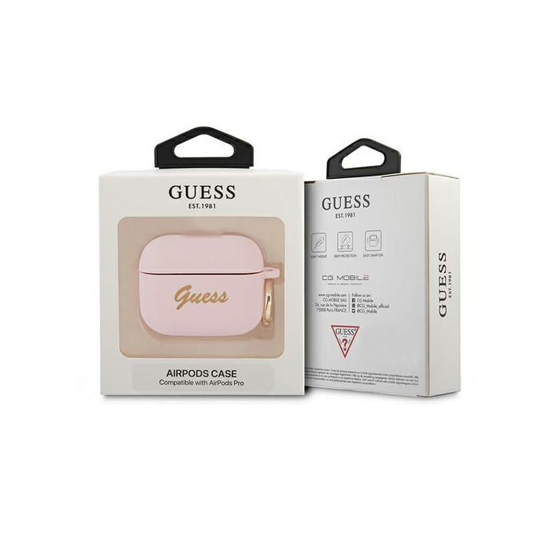 Guess Silicone Vintage Script dėklas, skirtas AirPods Pro – rožinis