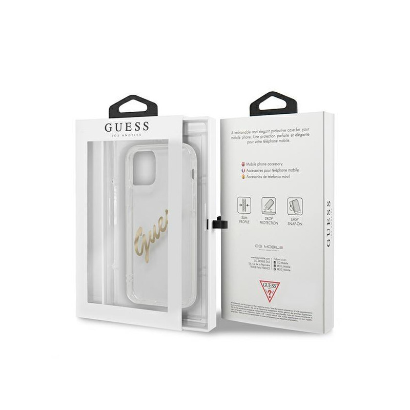 Guess Vintage Script Gold dėklas, skirtas iPhone 12 Pro Max - skaidrus