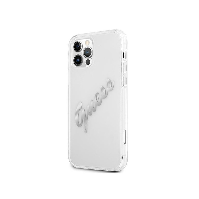 Guess Vintage Script Sidabrinis dėklas, skirtas iPhone 12 Pro Max - skaidrus