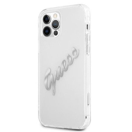 Guess Vintage Script Sidabrinis dėklas, skirtas iPhone 12 Pro Max - skaidrus Guess Vintage Script Sidabrinis dėklas, skirtas iPhone 12 Pro Max - skaidrus