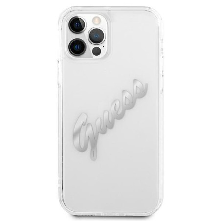 Guess Vintage Script Sidabrinis dėklas, skirtas iPhone 12 Pro Max - skaidrus Guess Vintage Script Sidabrinis dėklas, skirtas iPhone 12 Pro Max - skaidrus
