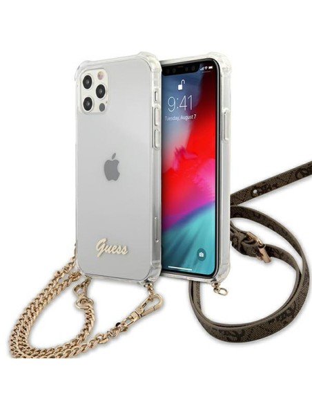 Guess 4G Brown Strap Gold Chain Case, skirtas iPhone 12 / iPhone 12 Pro – skaidrus Guess 4G Brown Strap Gold Chain Case, skirtas iPhone 12 / iPhone 12 Pro – skaidrus