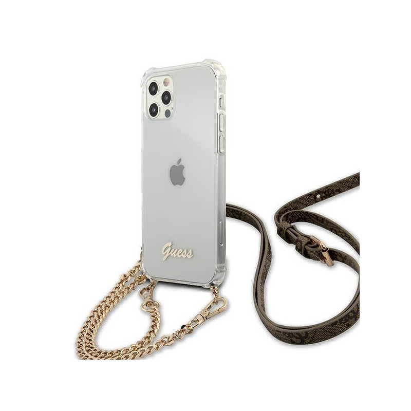 Guess 4G Brown Strap Gold Chain Case, skirtas iPhone 12 / iPhone 12 Pro – skaidrus