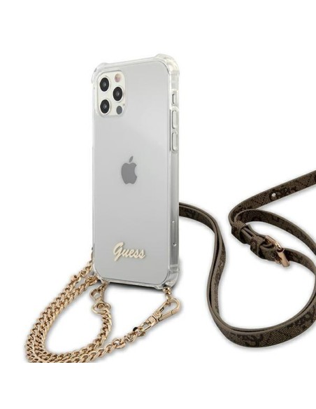 Guess 4G Brown Strap Gold Chain Case, skirtas iPhone 12 / iPhone 12 Pro – skaidrus Guess 4G Brown Strap Gold Chain Case, skirtas iPhone 12 / iPhone 12 Pro – skaidrus