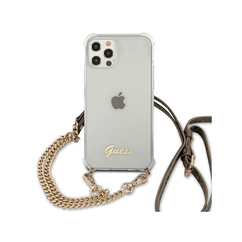 Guess 4G Brown Strap Gold Chain Case, skirtas iPhone 12 / iPhone 12 Pro – skaidrus
