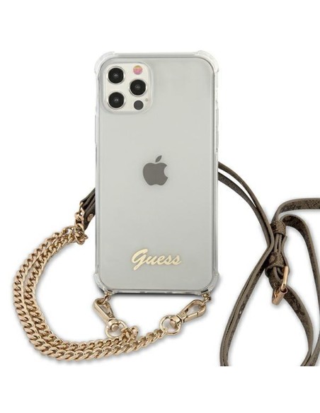Guess 4G Brown Strap Gold Chain Case, skirtas iPhone 12 / iPhone 12 Pro – skaidrus Guess 4G Brown Strap Gold Chain Case, skirtas iPhone 12 / iPhone 12 Pro – skaidrus