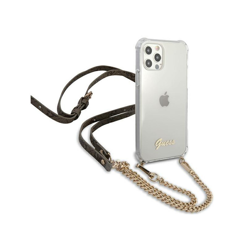 Guess 4G Brown Strap Gold Chain Case, skirtas iPhone 12 / iPhone 12 Pro – skaidrus