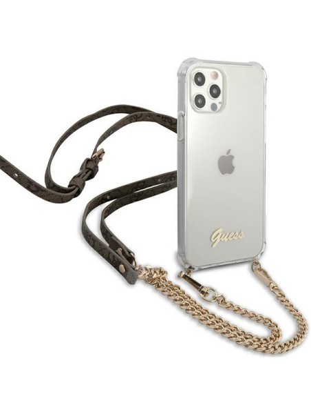 Guess 4G Brown Strap Gold Chain Case, skirtas iPhone 12 / iPhone 12 Pro – skaidrus Guess 4G Brown Strap Gold Chain Case, skirtas iPhone 12 / iPhone 12 Pro – skaidrus