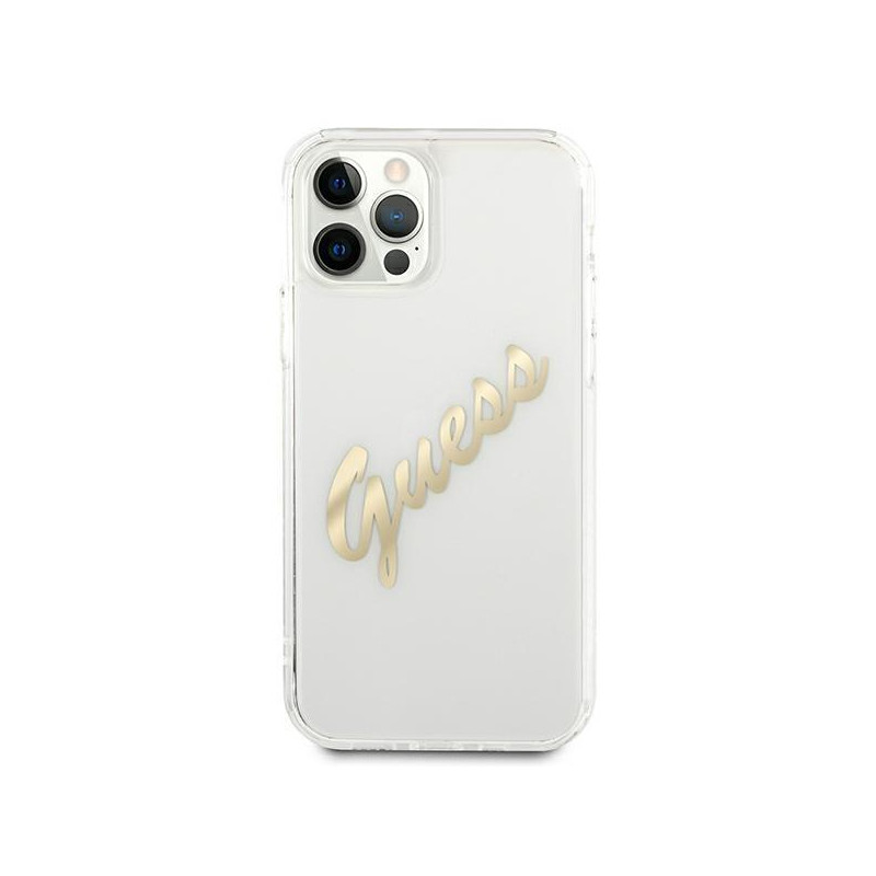 Guess Vintage Script Gold dėklas, skirtas iPhone 12 / iPhone 12 Pro - skaidrus