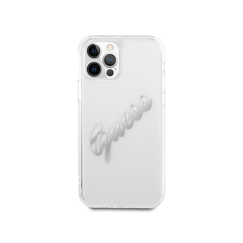 Guess Vintage Script Sidabrinis dėklas, skirtas iPhone 12 / iPhone 12 Pro - skaidrus