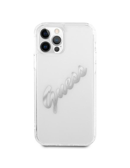 Guess Vintage Script Sidabrinis dėklas, skirtas iPhone 12 / iPhone 12 Pro - skaidrus Guess Vintage Script Sidabrinis dėklas, skirtas iPhone 12 / iPhone 12 Pro - skaidrus