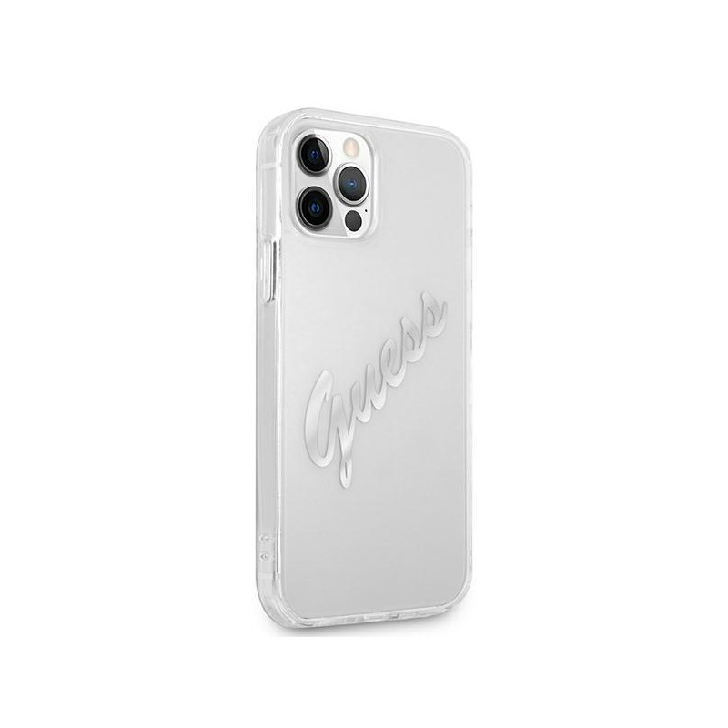 Guess Vintage Script Sidabrinis dėklas, skirtas iPhone 12 / iPhone 12 Pro - skaidrus