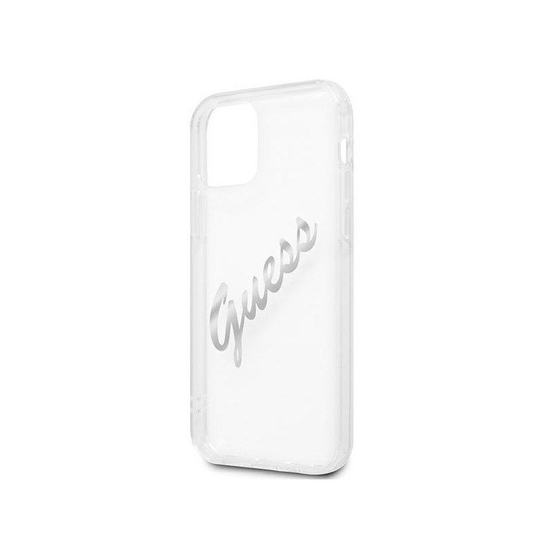 Guess Vintage Script Sidabrinis dėklas, skirtas iPhone 12 / iPhone 12 Pro - skaidrus