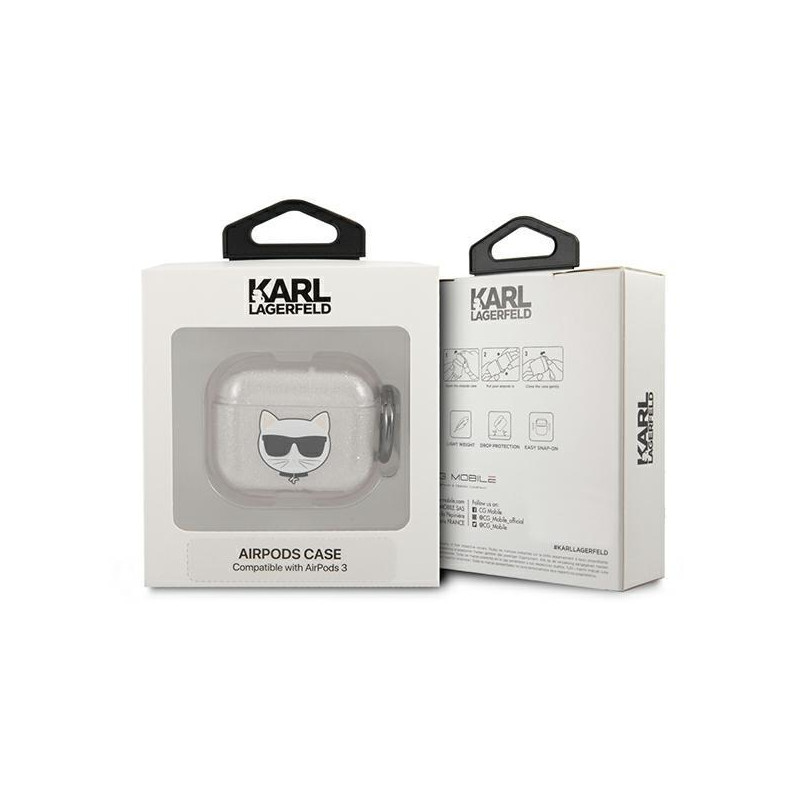 Karl Lagerfeld Glitter Choupette dėklas, skirtas AirPods 3 – sidabrinis