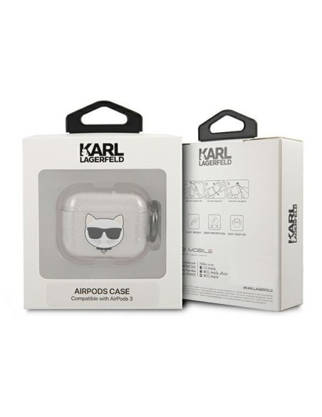 Karl Lagerfeld Glitter Choupette dėklas, skirtas AirPods 3 – sidabrinis Karl Lagerfeld Glitter Choupette dėklas, skirtas AirPods 3 – sidabrinis