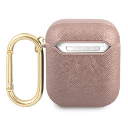 Guess Saffiano Script Metal Collection dėklas, skirtas AirPods 1/ 2 – rožinis