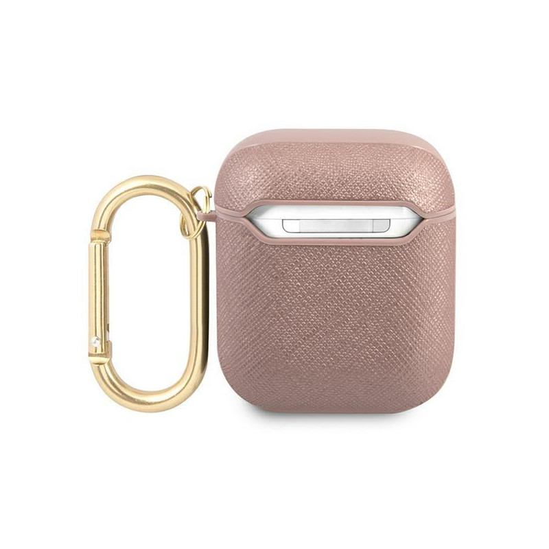 Guess Saffiano Script Metal Collection dėklas, skirtas AirPods 1/ 2 – rožinis
