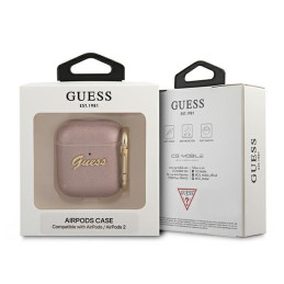 Guess Saffiano Script Metal Collection dėklas, skirtas AirPods 1/ 2 – rožinis