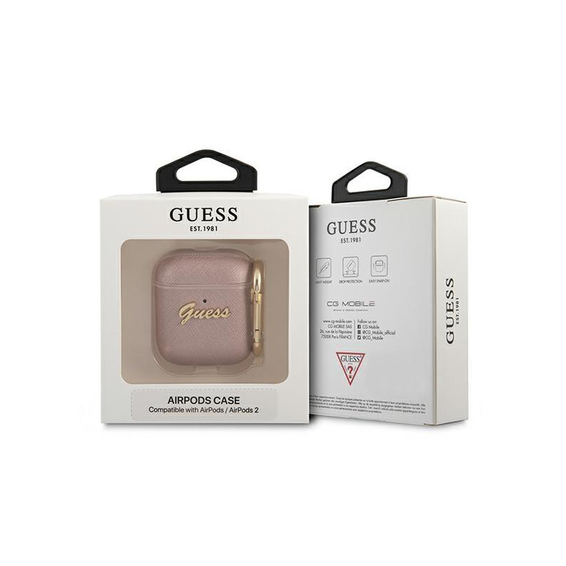 Guess Saffiano Script Metal Collection dėklas, skirtas AirPods 1/ 2 – rožinis