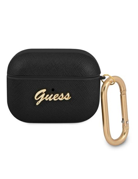 Guess Saffiano Script Metal Collection dėklas, skirtas AirPods Pro – juodas