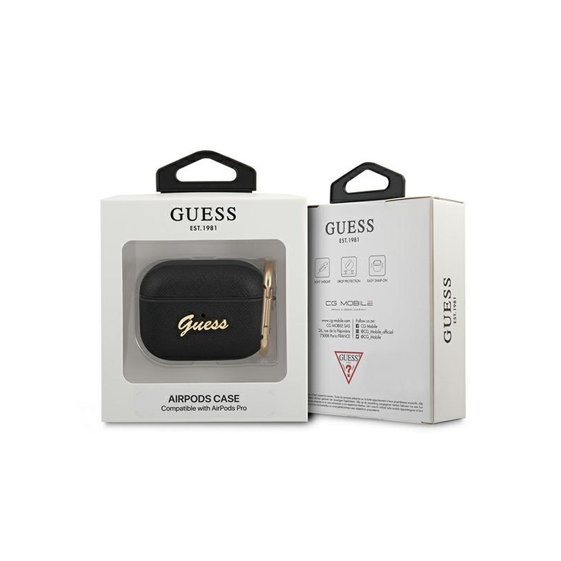 Guess Saffiano Script Metal Collection dėklas, skirtas AirPods Pro – juodas