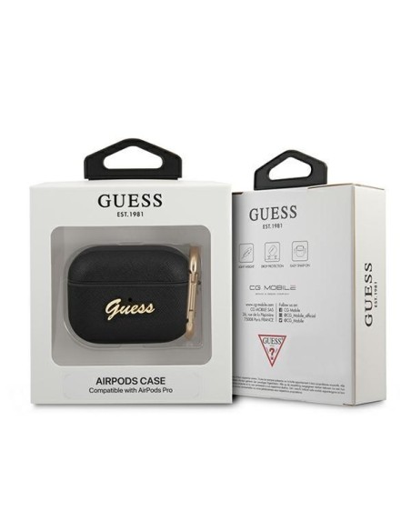 Guess Saffiano Script Metal Collection dėklas, skirtas AirPods Pro – juodas