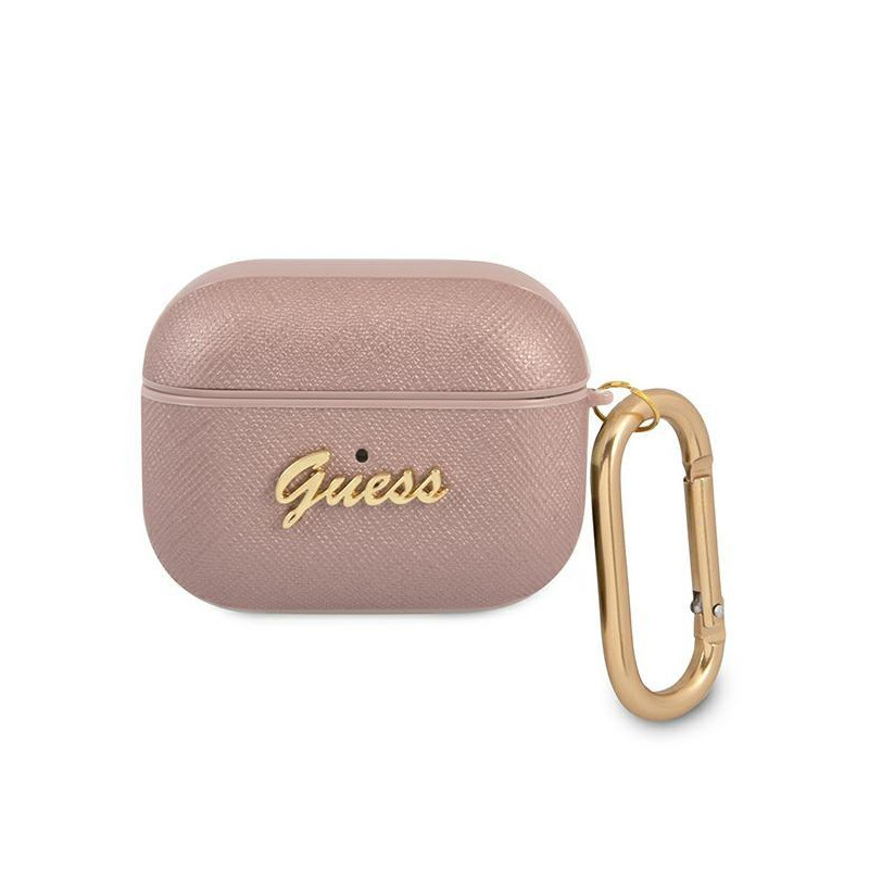 Guess Saffiano Script Metal Collection dėklas, skirtas AirPods Pro – rožinis