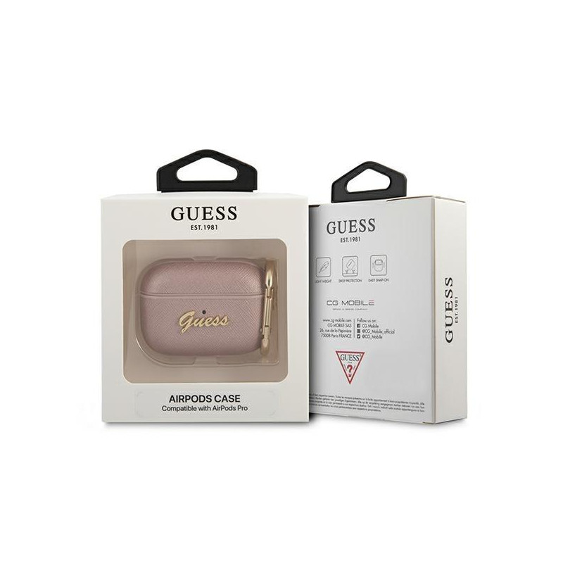 Guess Saffiano Script Metal Collection dėklas, skirtas AirPods Pro – rožinis