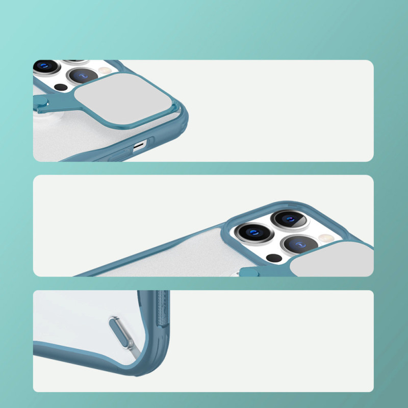 Nillkin Cyclops Case patvarus dėklas su fotoaparato dangteliu ir sulankstomu stovu iPhone 13 Pro Max mėlynai