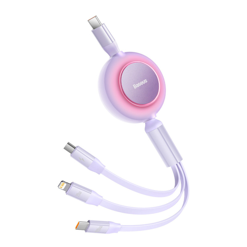 Ištraukiamas kabelis 3in1 USB-C microUSB + iPhone Lightning + USB-C 3.5A 1.1m violetinė