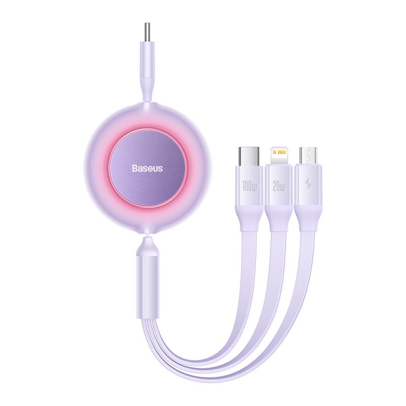 Ištraukiamas kabelis 3in1 USB-C microUSB + iPhone Lightning + USB-C 3.5A 1.1m violetinė