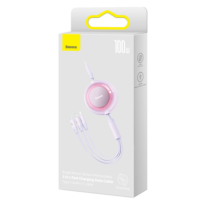 Ištraukiamas kabelis 3in1 USB-C microUSB + iPhone Lightning + USB-C 3.5A 1.1m violetinė