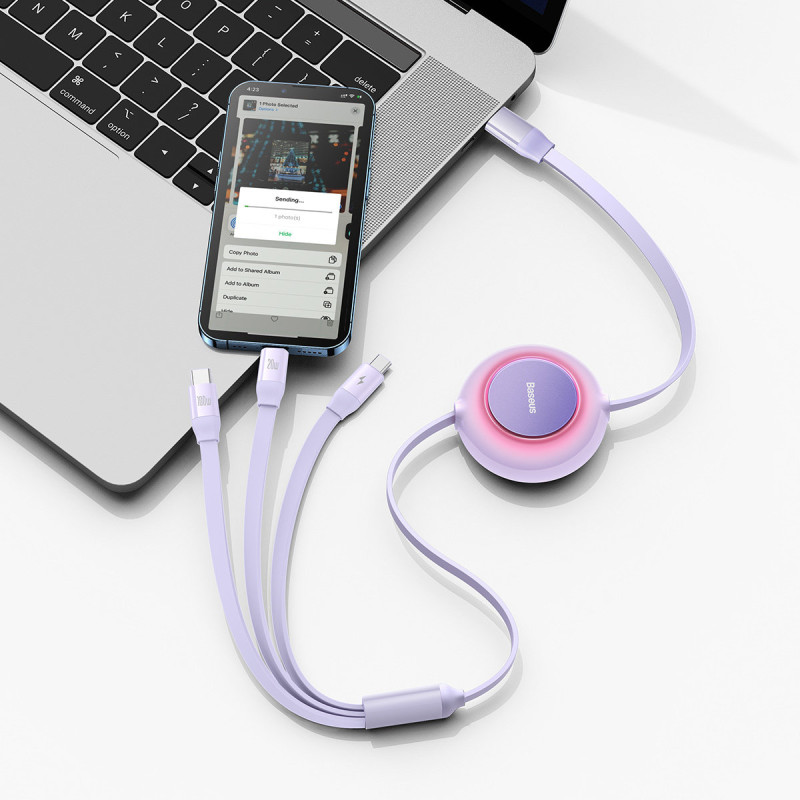 Ištraukiamas kabelis 3in1 USB-C microUSB + iPhone Lightning + USB-C 3.5A 1.1m violetinė