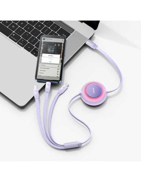 Ištraukiamas kabelis 3in1 USB-C microUSB + iPhone Lightning + USB-C 3.5A 1.1m violetinė Ištraukiamas kabelis 3in1 USB-C microUSB + iPhone Lightning + USB-C 3.5A 1.1m violetinė