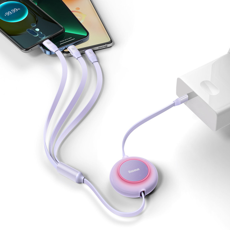 Ištraukiamas kabelis 3in1 USB-C microUSB + iPhone Lightning + USB-C 3.5A 1.1m violetinė