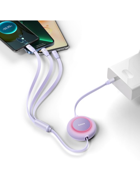 Ištraukiamas kabelis 3in1 USB-C microUSB + iPhone Lightning + USB-C 3.5A 1.1m violetinė Ištraukiamas kabelis 3in1 USB-C microUSB + iPhone Lightning + USB-C 3.5A 1.1m violetinė