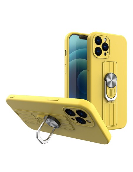 Ring Case silikoninis dėklas su pirštų laikikliu ir stovu iPhone 12 mini geltonai