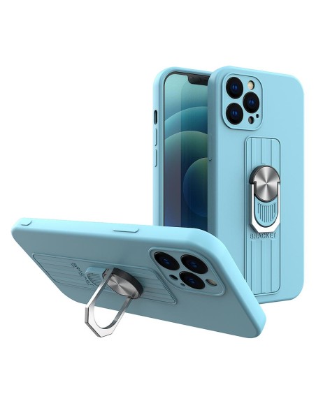 Ring Case silikoninis dėklas su pirštų laikikliu ir stovu iPhone 12 mini šviesiai mėlynai
